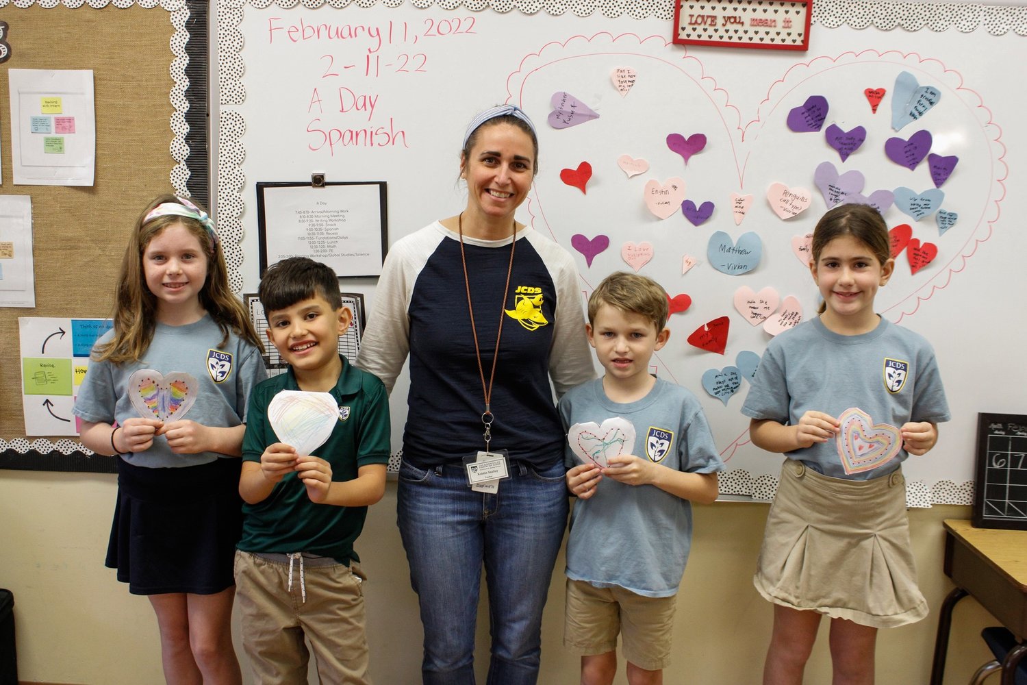 Second-grade students from Jacksonville Country Day School recently sent Valentines to Feeding Northeast Florida. Pictured from left are Aubrey Johnon, Yusuf Ibrahim, teacher Kristin Szallay, Owen Szallay and Gracie Hightower.